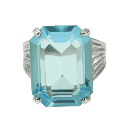 Vintage 1970s Aquamarine Austrian Crystal 18k White Gold Electroplated Cocktail Ring Made in USA jewelry image 1
