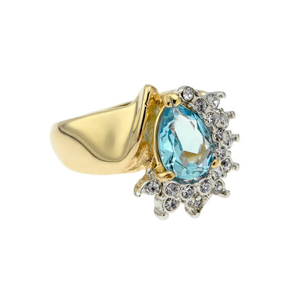 Vintage 1980s Aquamarine Cubic Zirconia and Clear Austrian Crystal Ring - 18kt Yellow Gold Electroplated jewelry image 1