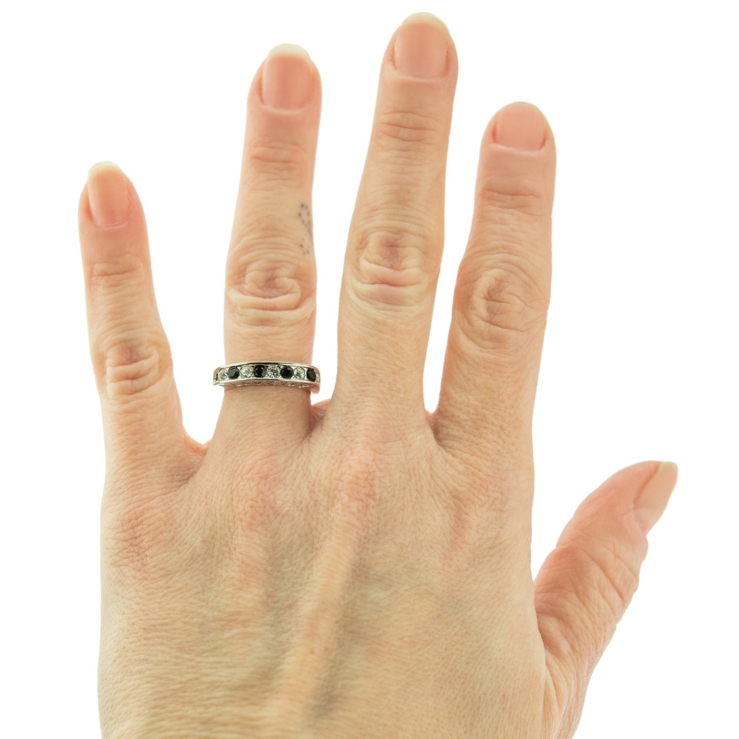 Silver tone band ring with engraved I Love You text and alternating garnet and clear Austrian crystals in channel setting