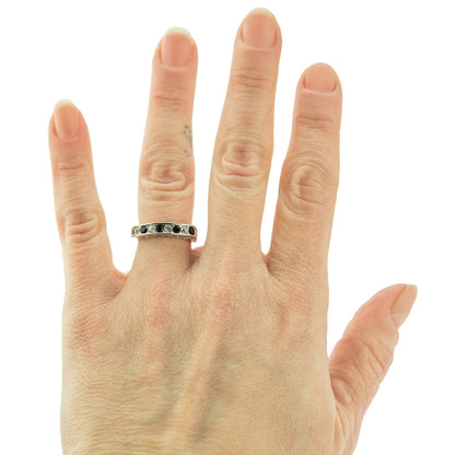 Silver tone band ring with engraved I Love You text and alternating garnet and clear Austrian crystals in channel setting