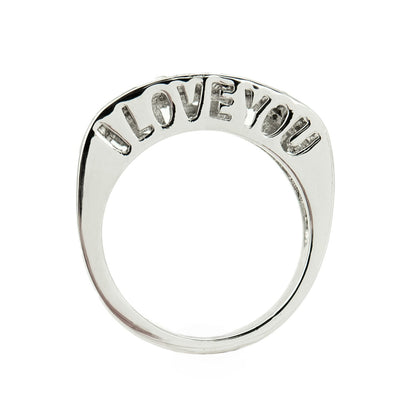 Silver tone band ring with engraved I Love You text and alternating garnet and clear Austrian crystals in channel setting