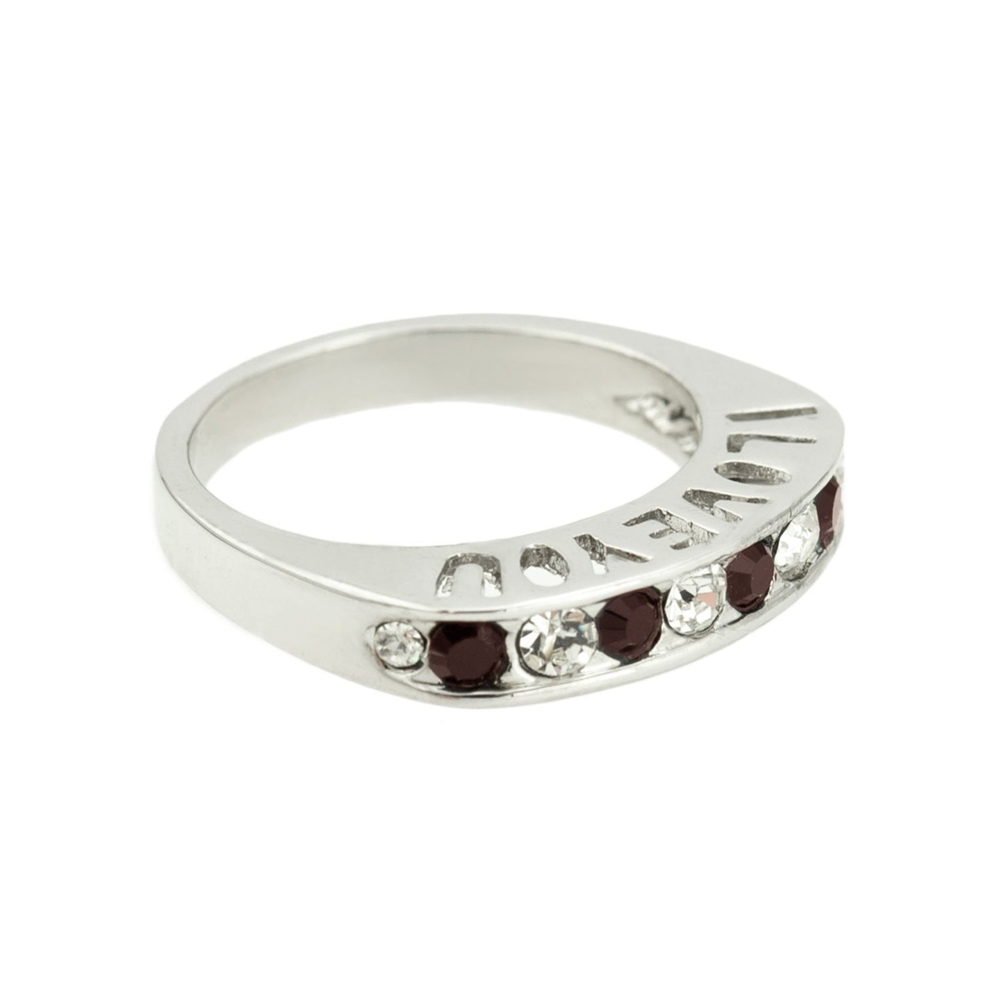 Silver tone band ring with engraved I Love You text and alternating garnet and clear Austrian crystals in channel setting
