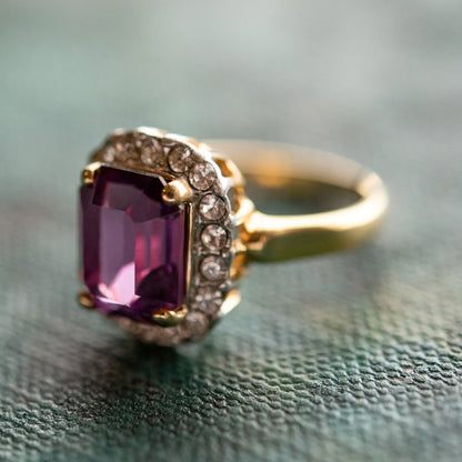 Vintage 18k Yellow Gold Electroplated Amethyst Austrian Crystal Cocktail Ring jewelry image 1