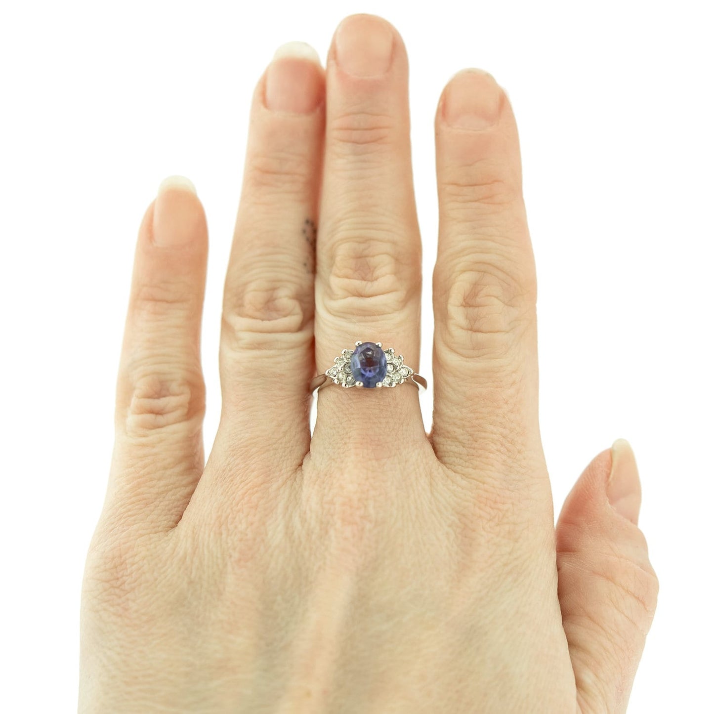Vintage 1980s Tanzanite CZ and Clear Crystal Ring - 18kt White Gold Electroplated jewelry image 1