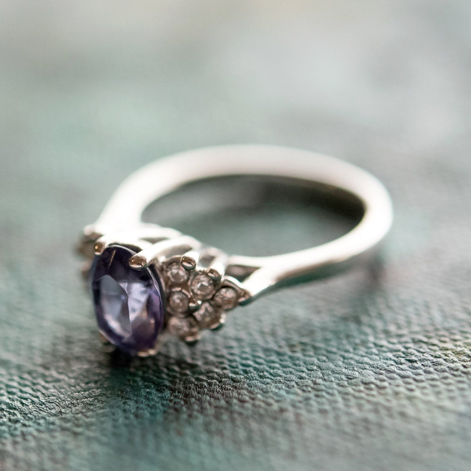 Vintage 1980s Tanzanite CZ and Clear Crystal Ring - 18kt White Gold Electroplated jewelry image 1
