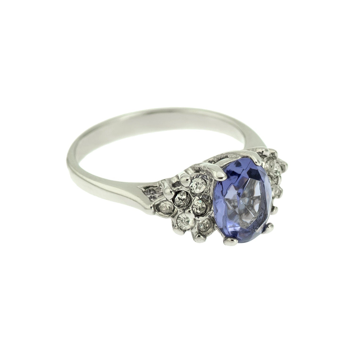Vintage 1980s Tanzanite CZ and Clear Crystal Ring - 18kt White Gold Electroplated jewelry image 1