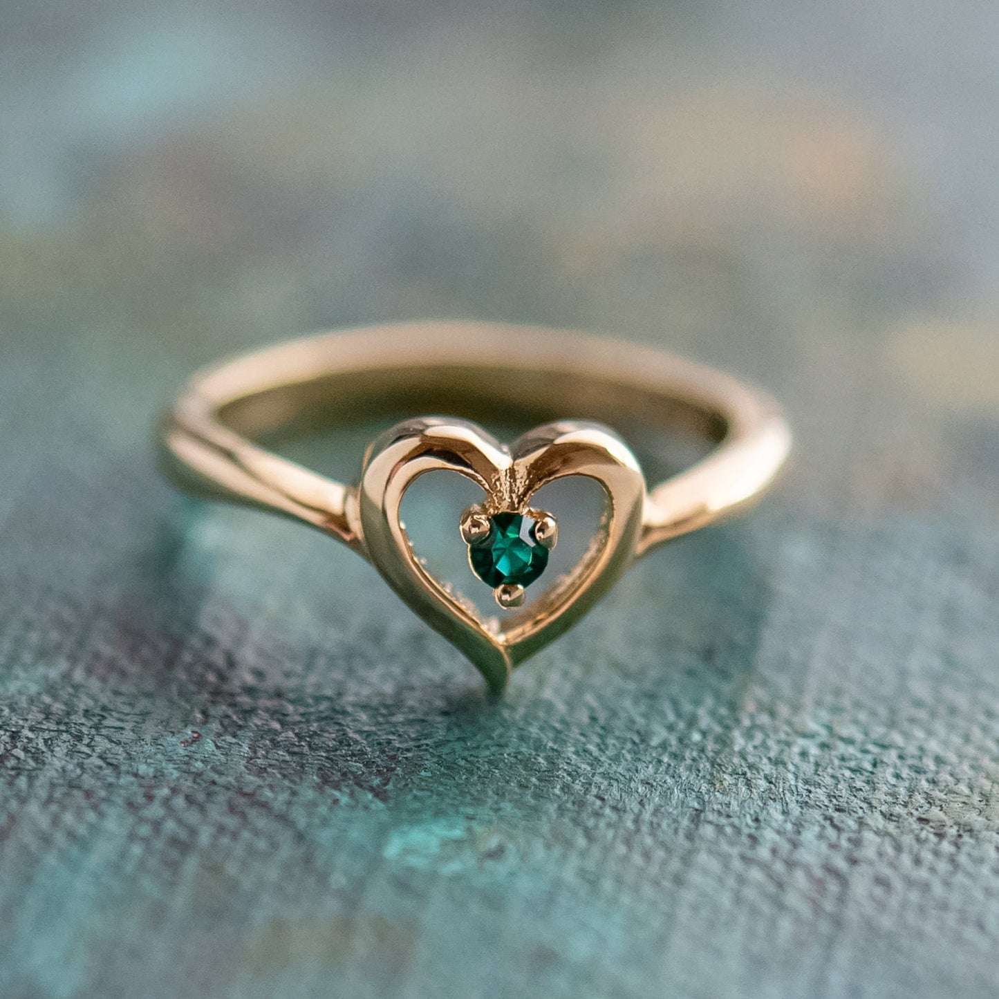 Vintage 1970s Heart Ring with Emerald Green Crystal - 18k Gold Electroplated - Made in USA jewelry image 1