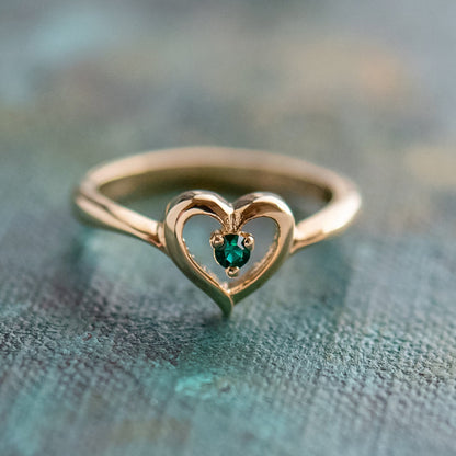 Vintage 1970s Heart Ring with Emerald Green Crystal - 18k Gold Electroplated - Made in USA jewelry image 1