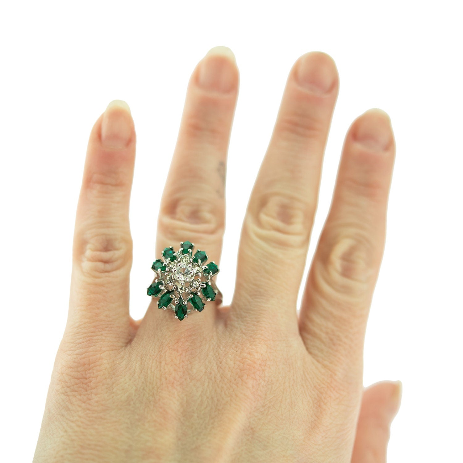 Vintage 1970s Emerald Green & Clear Austrian Crystal Cluster Ring - 18kt White Gold Electroplated jewelry image 1