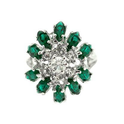 Vintage 1970s Emerald Green & Clear Austrian Crystal Cluster Ring - 18kt White Gold Electroplated jewelry image 1