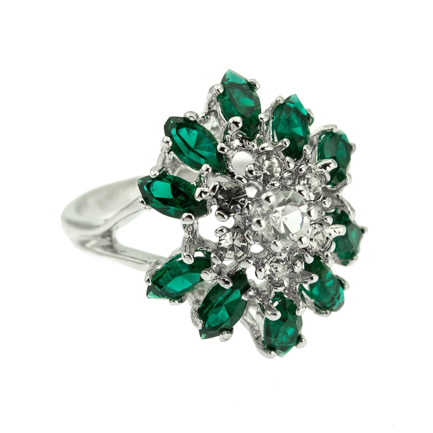 Vintage 1970s Emerald Green & Clear Austrian Crystal Cluster Ring - 18kt White Gold Electroplated jewelry image 1