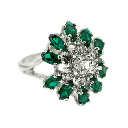Vintage 1970s Emerald Green & Clear Austrian Crystal Cluster Ring - 18kt White Gold Electroplated jewelry image 1