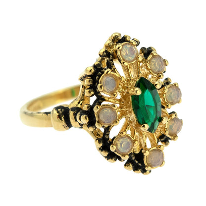 Vintage Marquise Cut Emerald Crystal Cocktail Ring with Pinfire Opals – 18k Gold Electroplated jewelry image 1