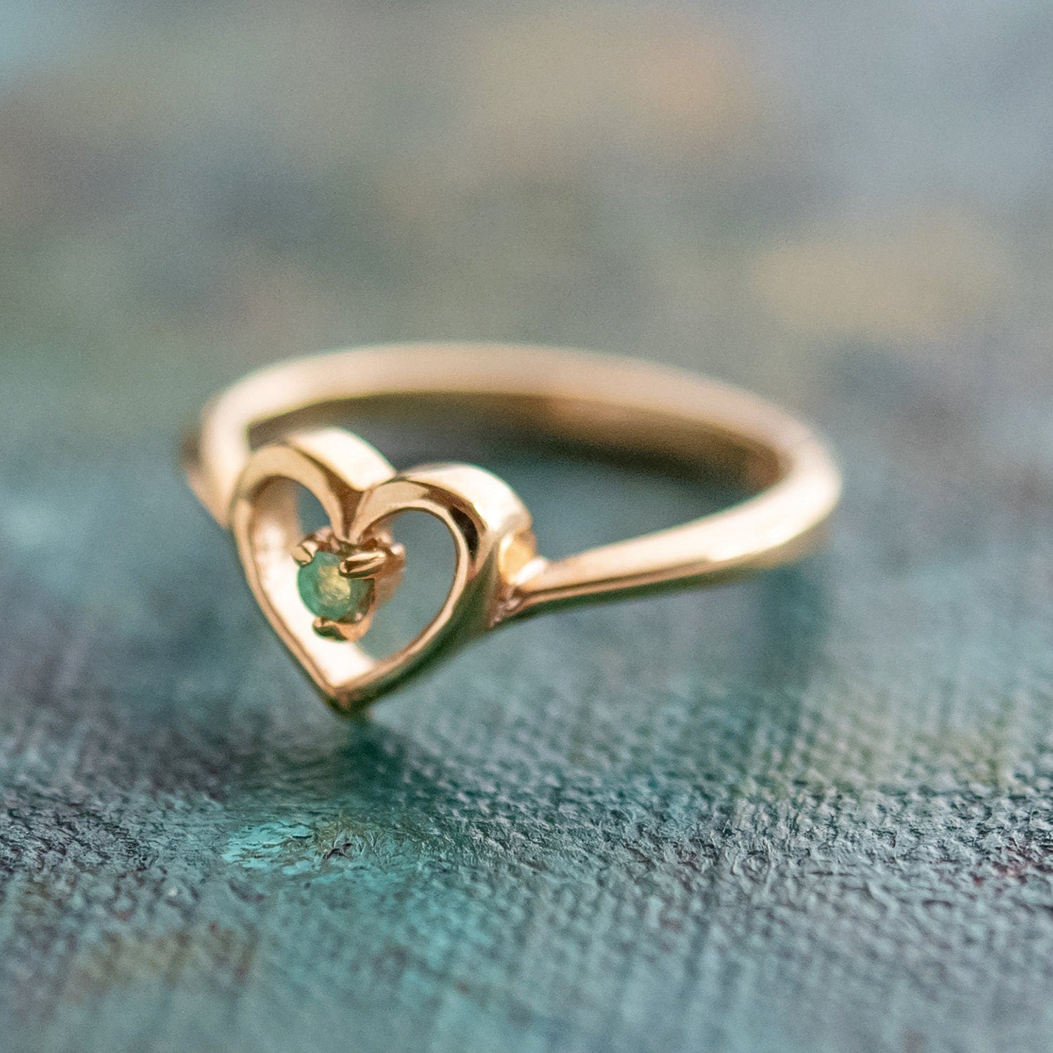 Vintage 1970s Genuine Emerald 18k Gold Electroplated Heart Ring - Made in USA jewelry image 1