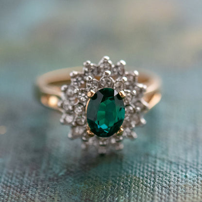 Vintage Austrian Crystal Emerald Green Cocktail Ring - 18k HGE Electroplated jewelry image 1