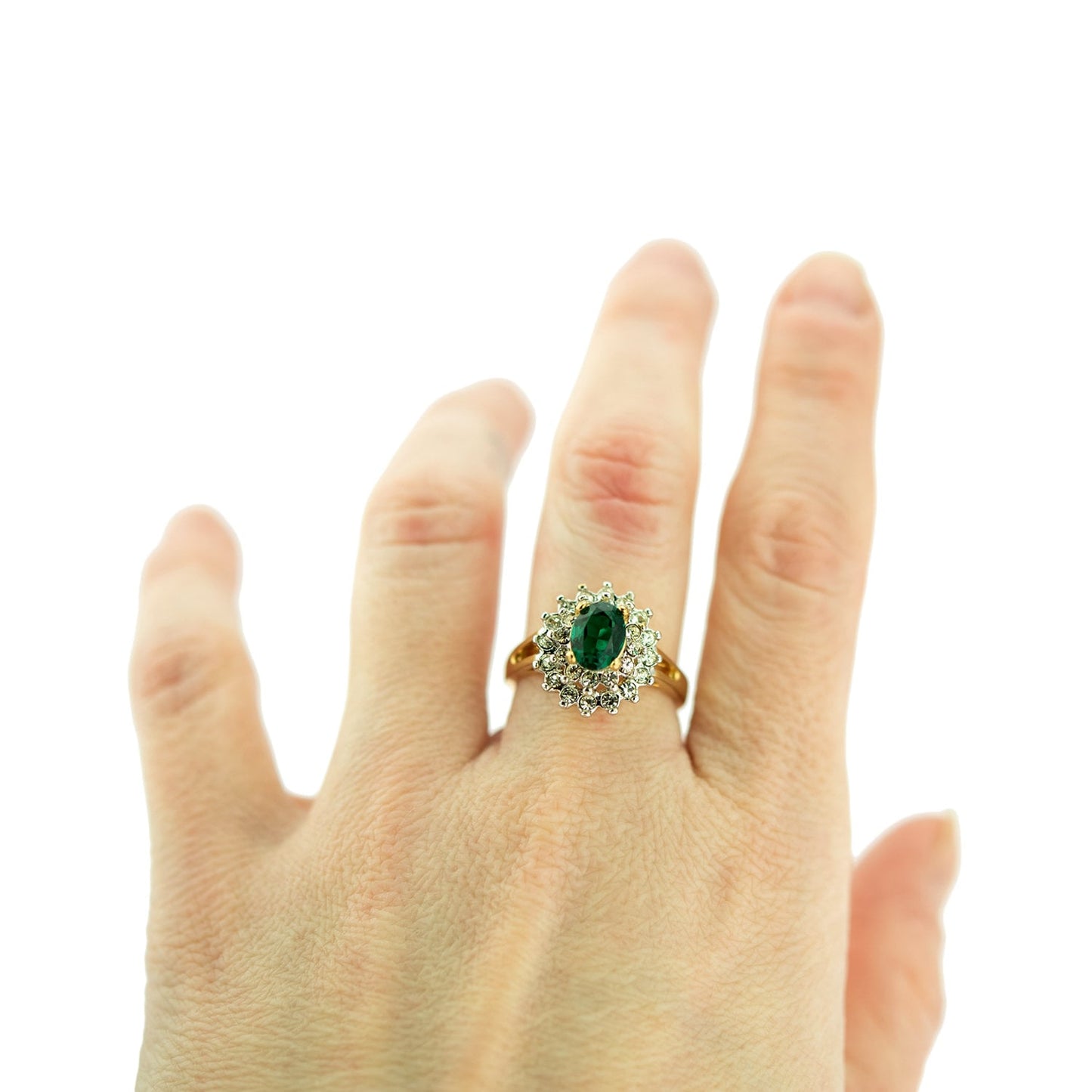 Vintage Austrian Crystal Emerald Green Cocktail Ring - 18k HGE Electroplated jewelry image 1