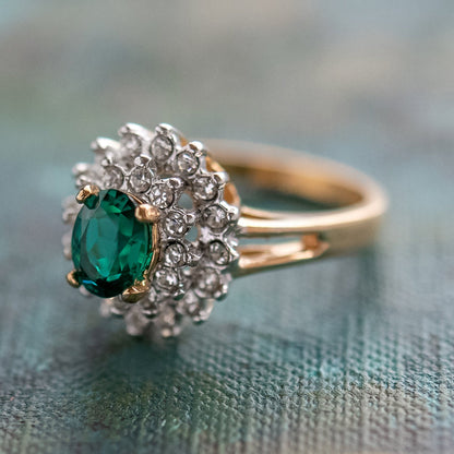 Vintage Austrian Crystal Emerald Green Cocktail Ring - 18k HGE Electroplated jewelry image 1
