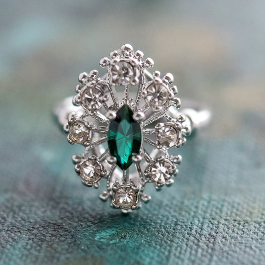 Vintage Marquise Cut Emerald Crystal Cocktail Ring with Clear Crystals - 18k White Gold Electroplated jewelry image 1