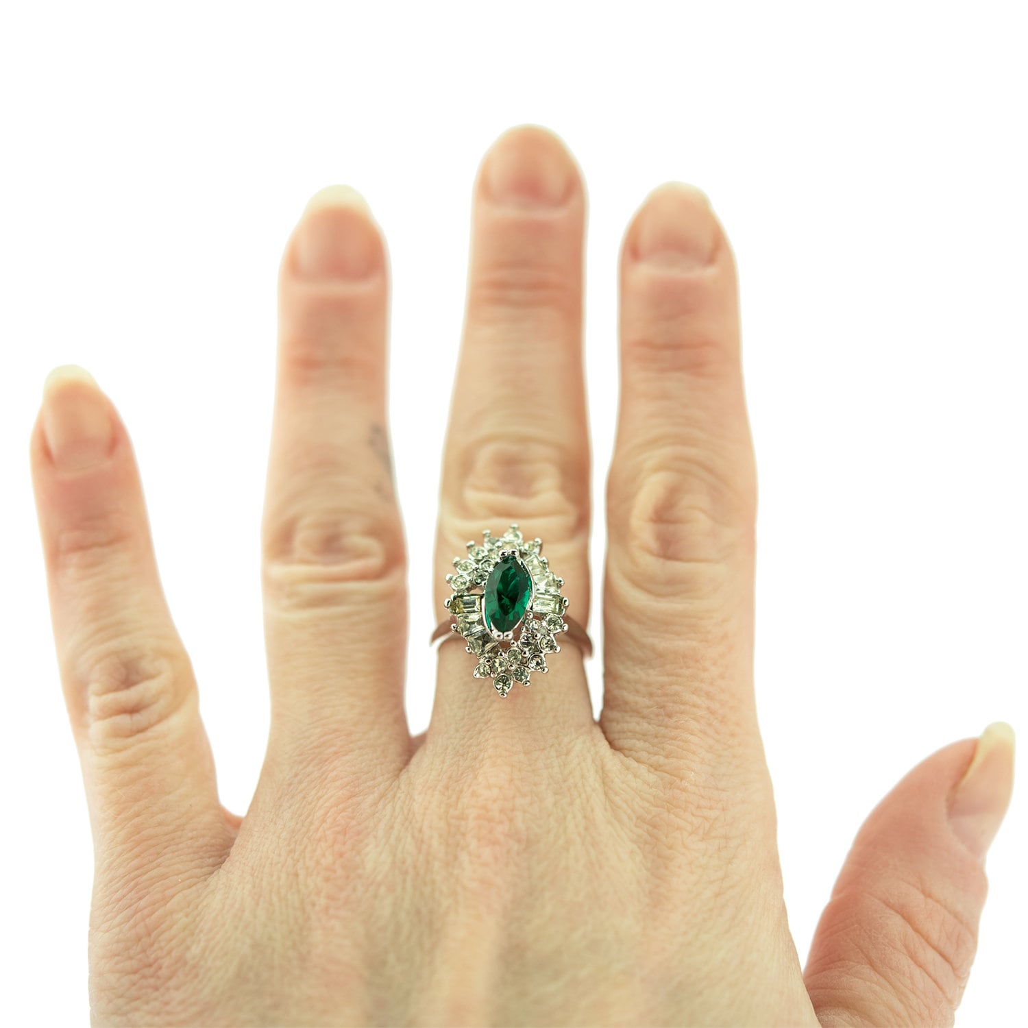 Vintage Marquise Cut Emerald Crystal Cocktail Ring with Clear Crystals - 18k White Gold Electroplated jewelry image 1