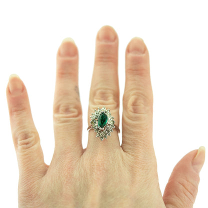 Vintage Marquise Cut Emerald Crystal Cocktail Ring with Clear Crystals - 18k White Gold Electroplated jewelry image 1