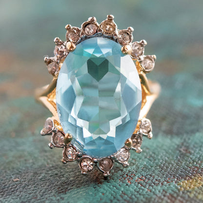 Vintage Aquamarine and Clear Austrian Crystal Ring - 18k Yellow Gold Electroplated - Made in USA jewelry image 1