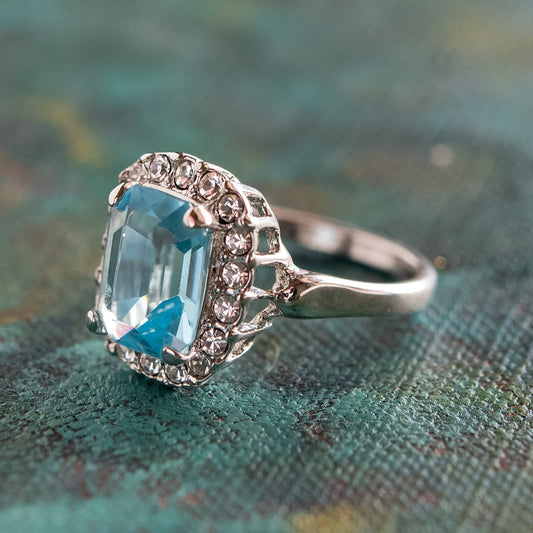 Vintage 1970s Aquamarine Austrian Crystal Ring - 18k White Gold Plated March Birthstone jewelry image 1