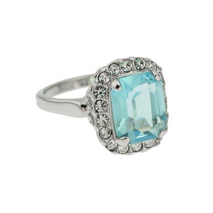Vintage 1970s Aquamarine Austrian Crystal Ring - 18k White Gold Plated March Birthstone jewelry image 1