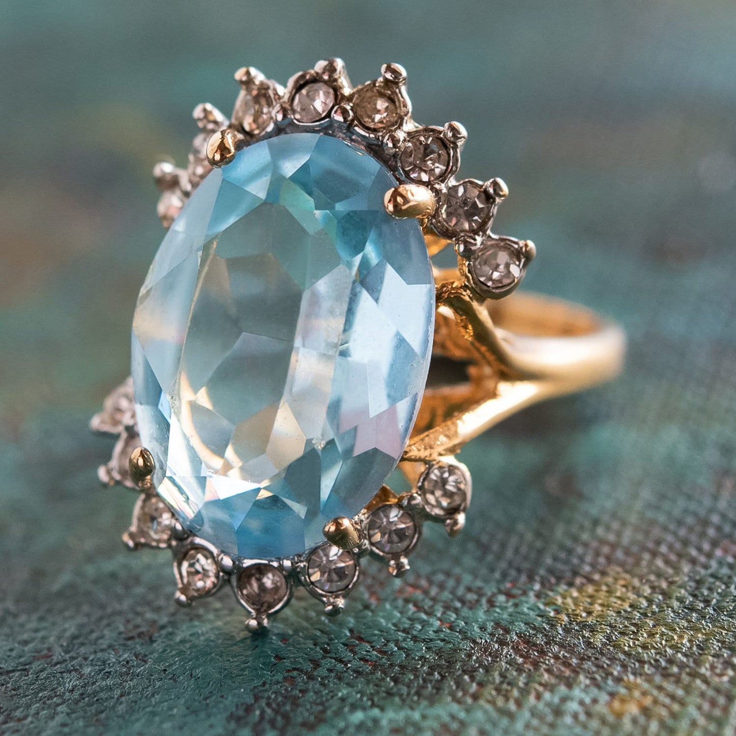Vintage Aquamarine and Clear Austrian Crystal Ring - 18k Yellow Gold Electroplated - Made in USA jewelry image 1
