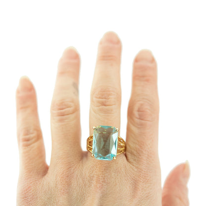 Vintage 1970s Aquamarine Austrian Crystal 18k Gold Electroplated Cocktail Ring – Made in USA jewelry image 1