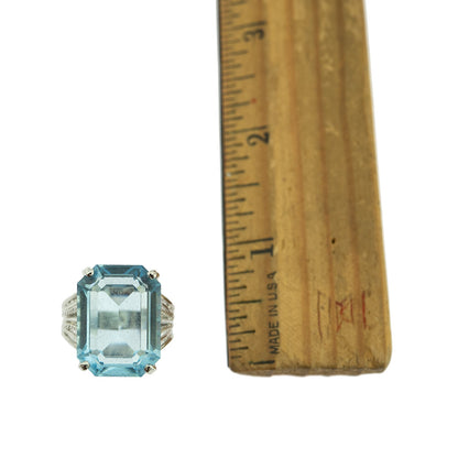 Vintage 1970s Aquamarine Austrian Crystal 18k White Gold Electroplated Cocktail Ring Made in USA jewelry image 1