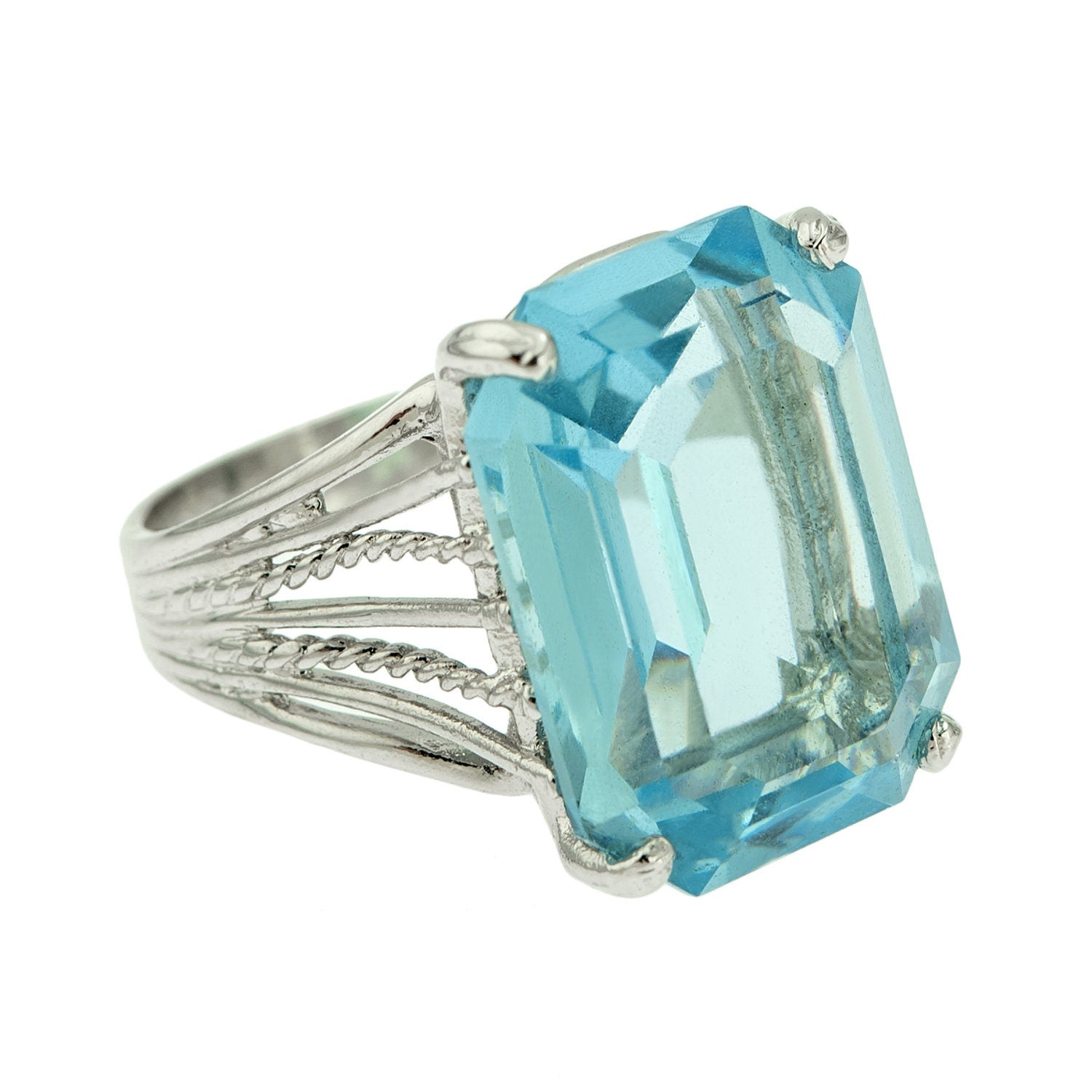 Vintage 1970s Aquamarine Austrian Crystal 18k White Gold Electroplated Cocktail Ring Made in USA jewelry image 1