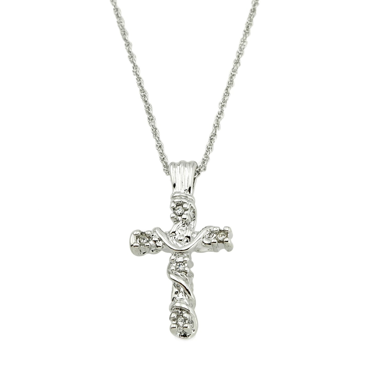 Vintage White Gold Plated Cross Pendant Necklace with Clear Austrian Crystals - 16 Inch jewelry image 1