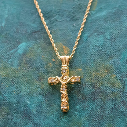 Vintage Yellow Gold Plated Cross Pendant Necklace with Clear Austrian Crystals - 16 Inch jewelry image 1