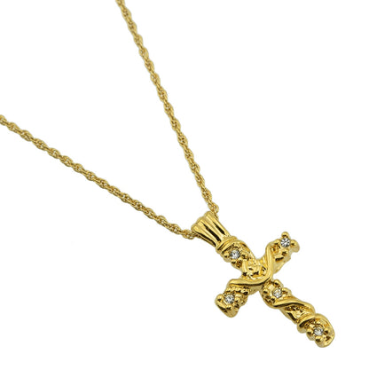 Vintage Yellow Gold Plated Cross Pendant Necklace with Clear Austrian Crystals - 16 Inch jewelry image 1