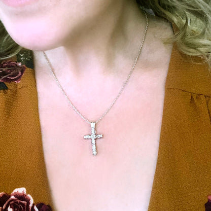 Vintage White Gold Plated Cross Pendant Necklace with Clear Austrian Crystals - 16 Inch jewelry image 1