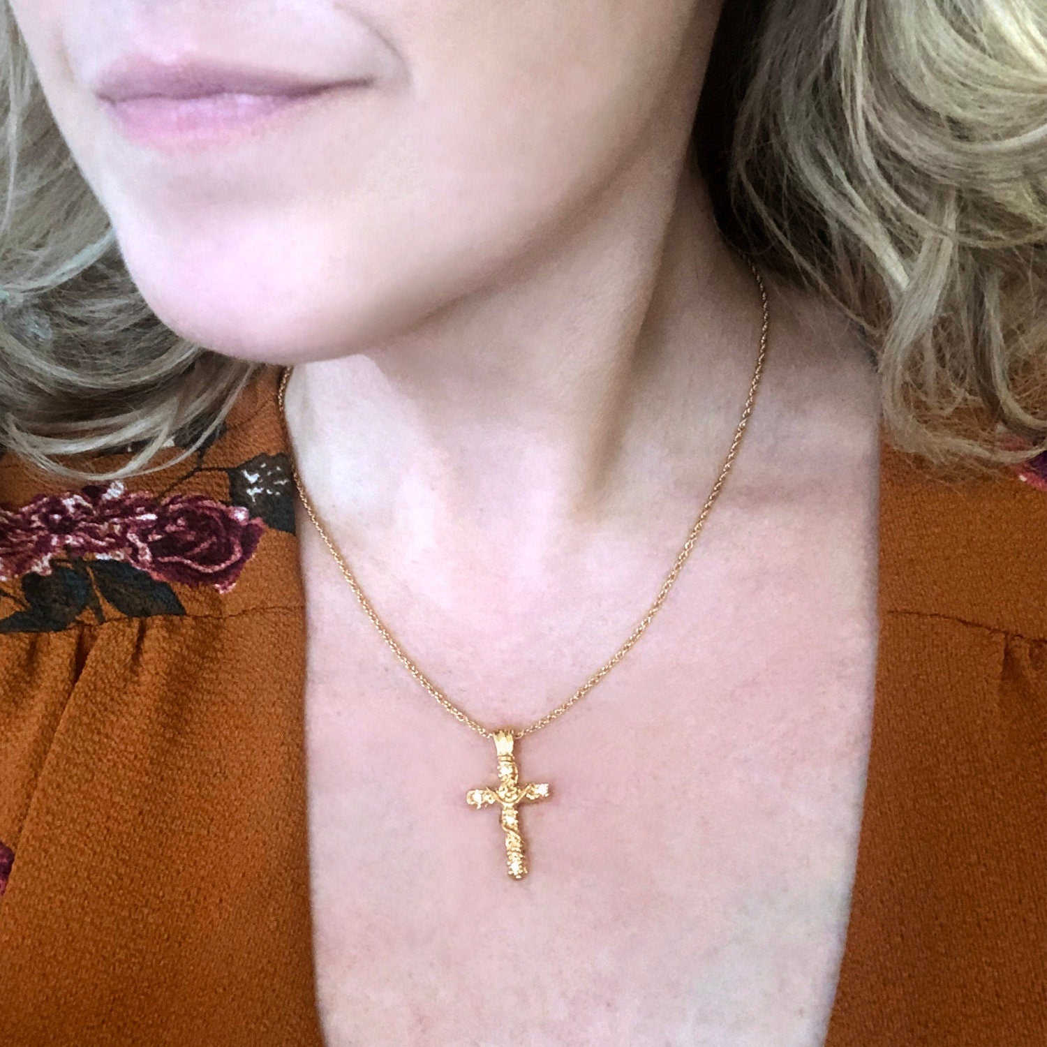 Vintage Yellow Gold Plated Cross Pendant Necklace with Clear Austrian Crystals - 16 Inch jewelry image 1