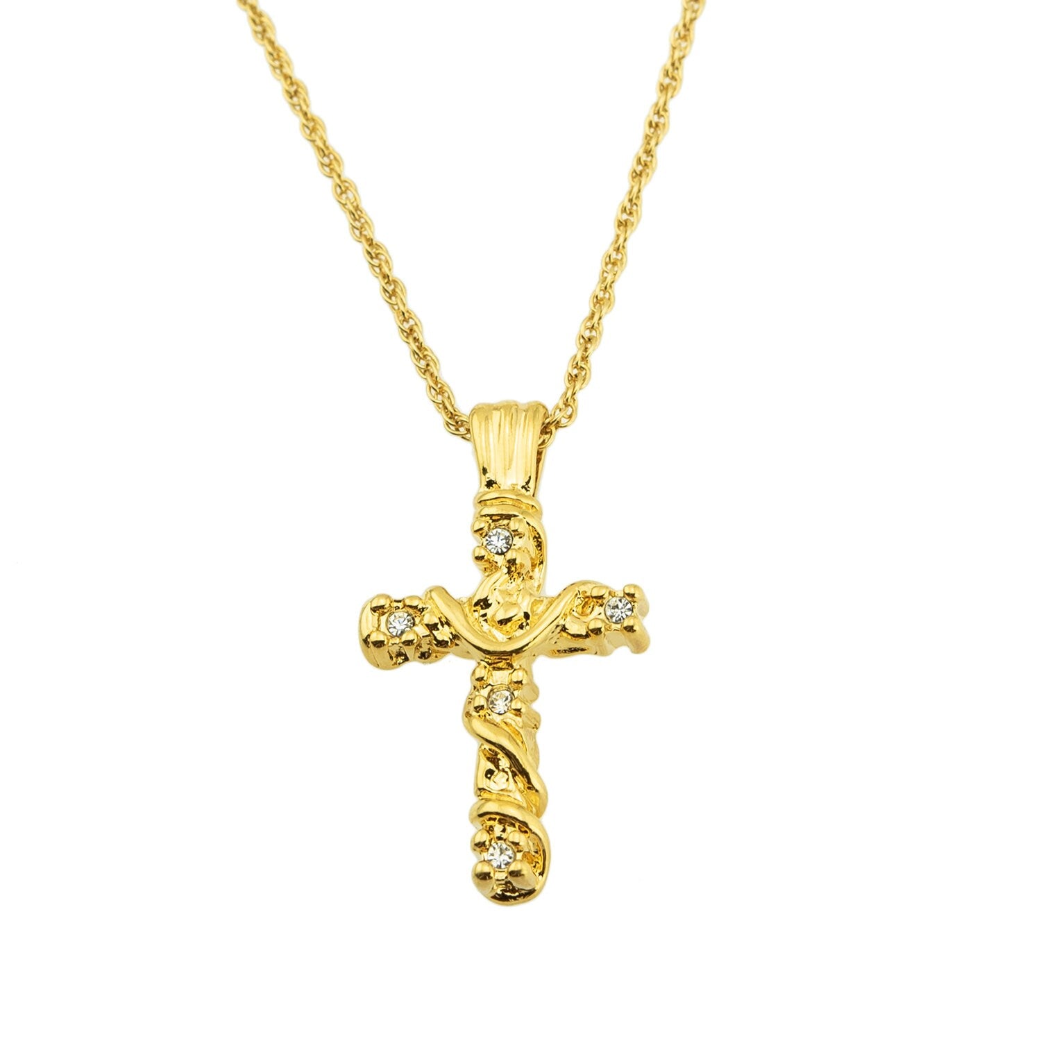 Vintage Yellow Gold Plated Cross Pendant Necklace with Clear Austrian Crystals - 16 Inch jewelry image 1