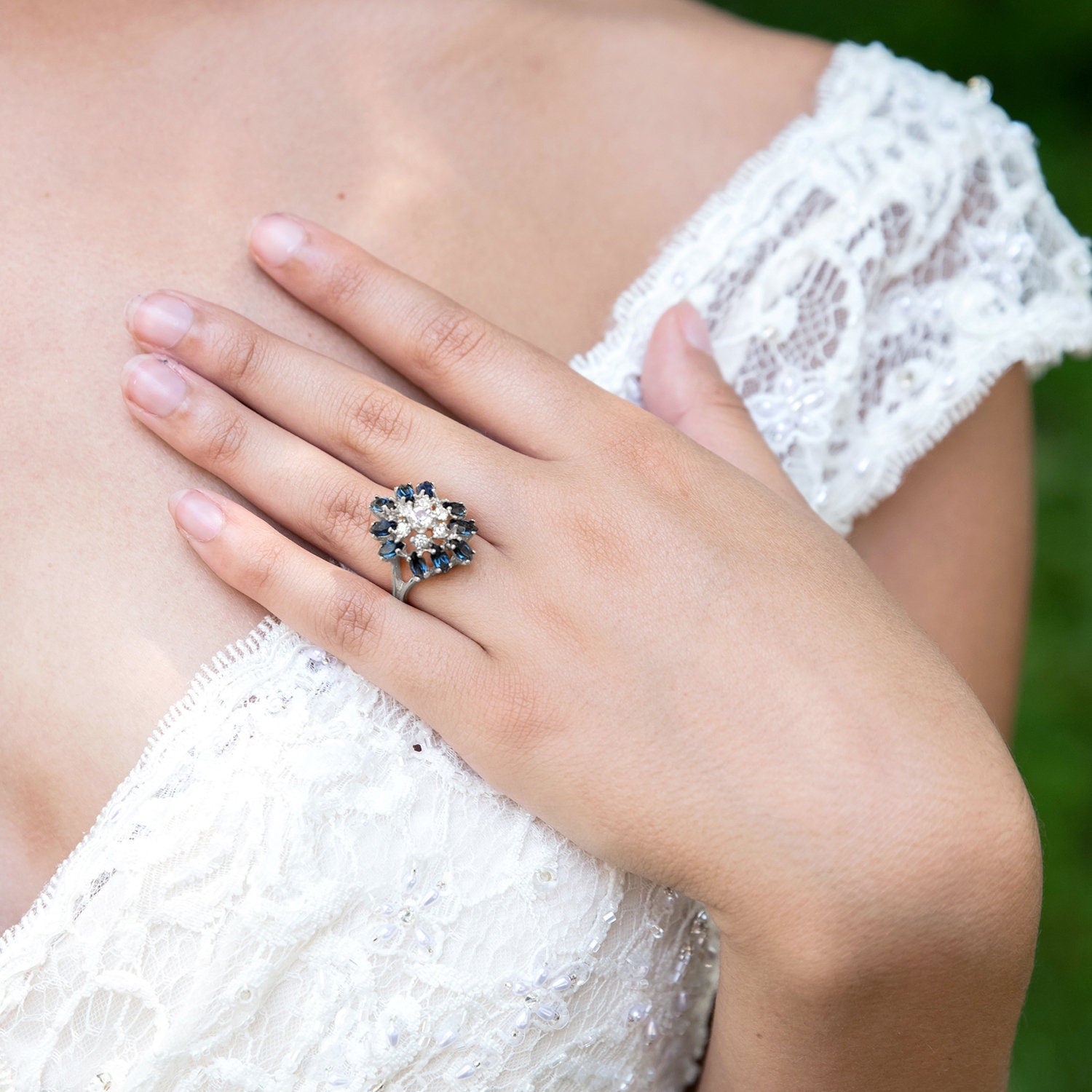 Vintage 1970s Sapphire and Clear Austrian Crystal Cluster Ring - 18k White Gold Electroplated jewelry image 1