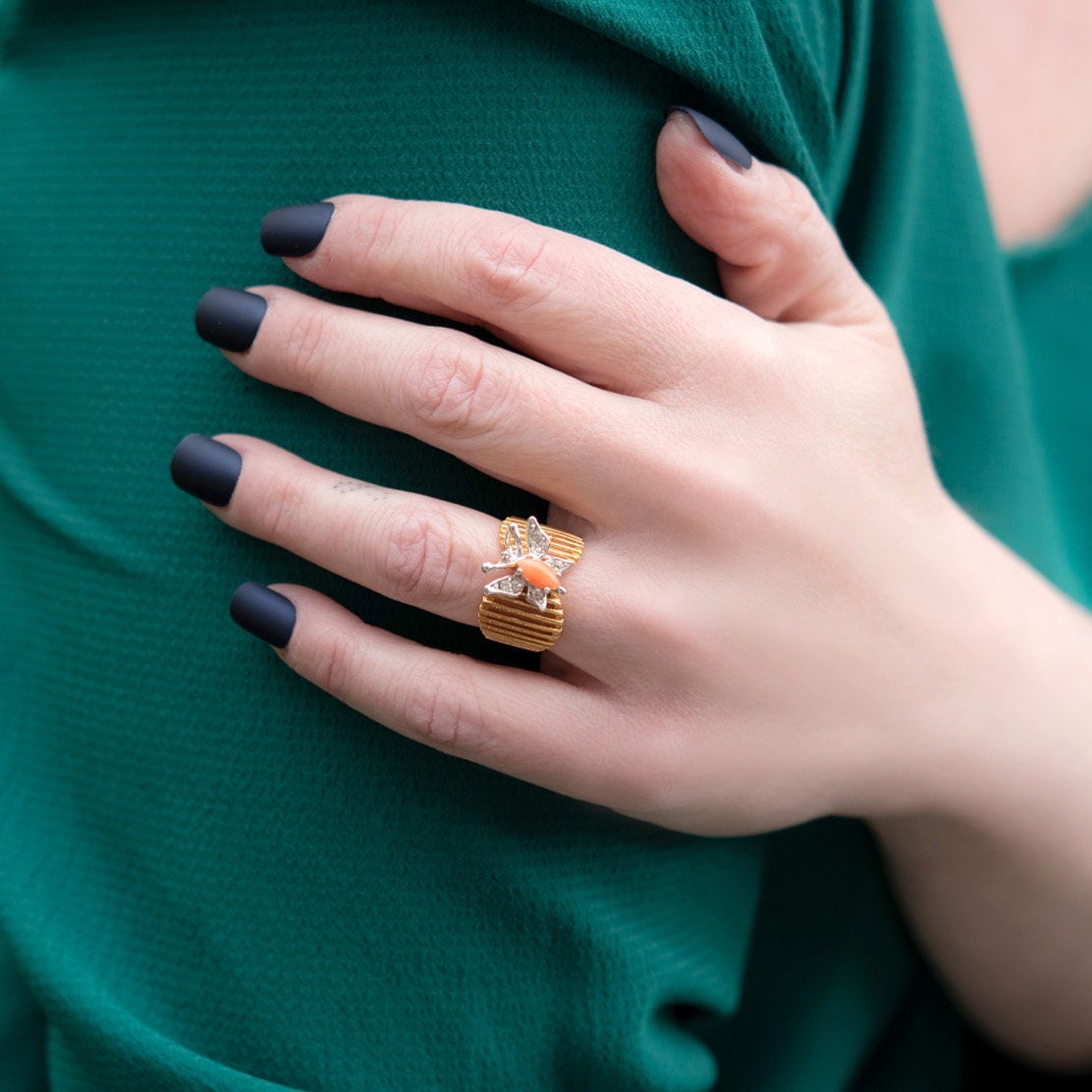 Vintage 1980s Butterfly Ring with Tiger's Eye and Clear Austrian Crystals - 18k Gold Electroplated jewelry image 1