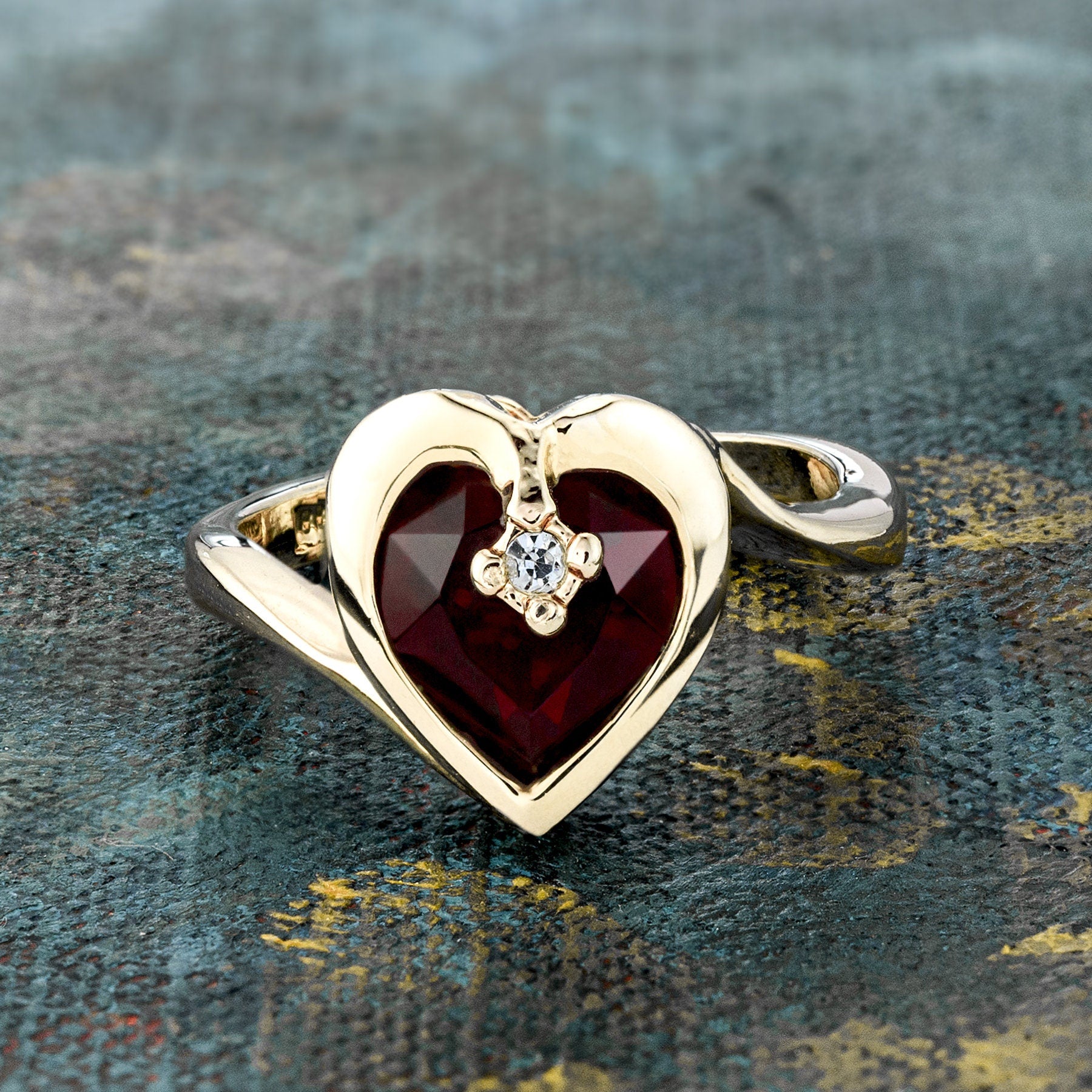 Vintage 1970s Heart Shape Ring with Garnet Austrian Crystal 18k Gold Electroplated Made in USA jewelry image 1