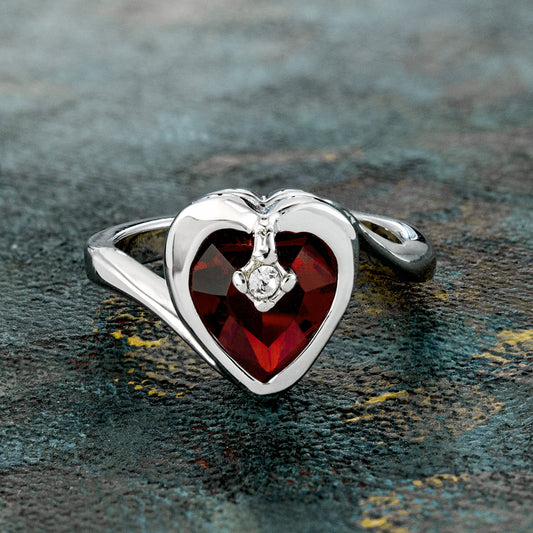 Vintage 1970s Heart Shape Ruby Austrian Crystal Ring - 18k White Gold Electroplated - Made in USA jewelry image 1