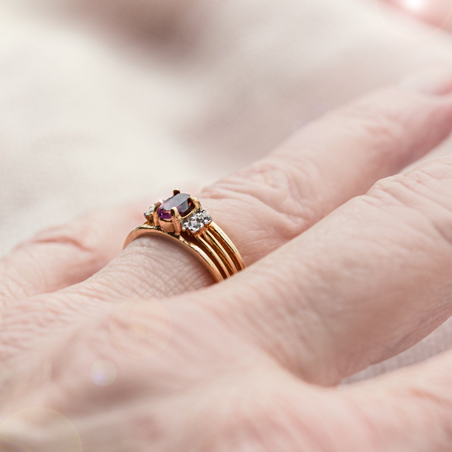 Vintage 1980s Ruby and Clear Austrian Crystal 18k Gold Electroplated Band Ring - Made in USA jewelry image 1