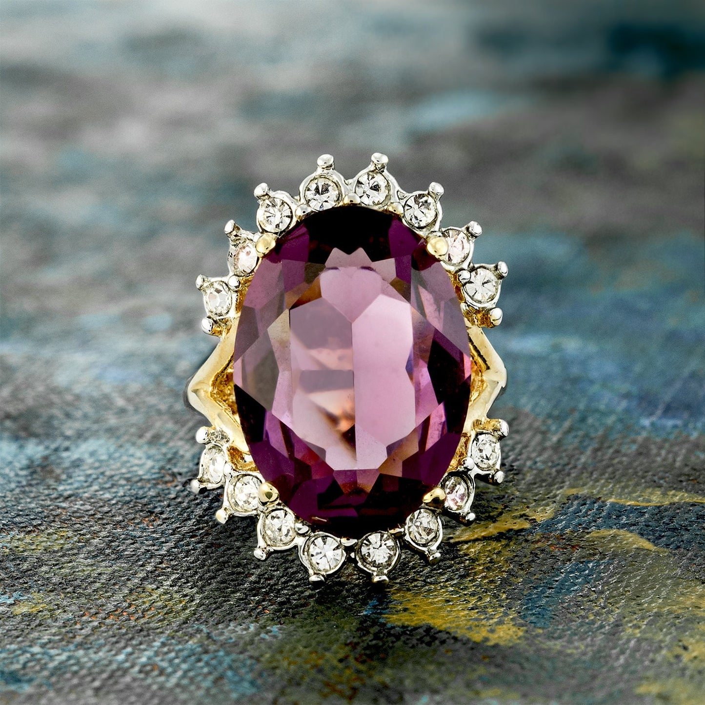 Vintage Amethyst and Clear Austrian Crystal Cocktail Ring - 18k Yellow Gold Electroplated - Made in USA jewelry image 1