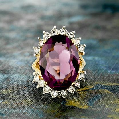 Vintage Amethyst and Clear Austrian Crystal Cocktail Ring - 18k Yellow Gold Electroplated - Made in USA jewelry image 1