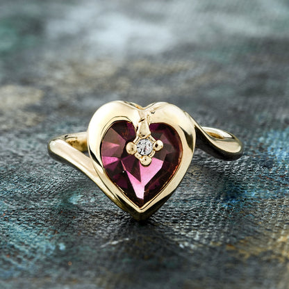 Vintage 1970s Heart Shape Amethyst Crystal Ring with Clear Austrian Crystal Accent – 18k Yellow Gold Electroplated jewelry image 1