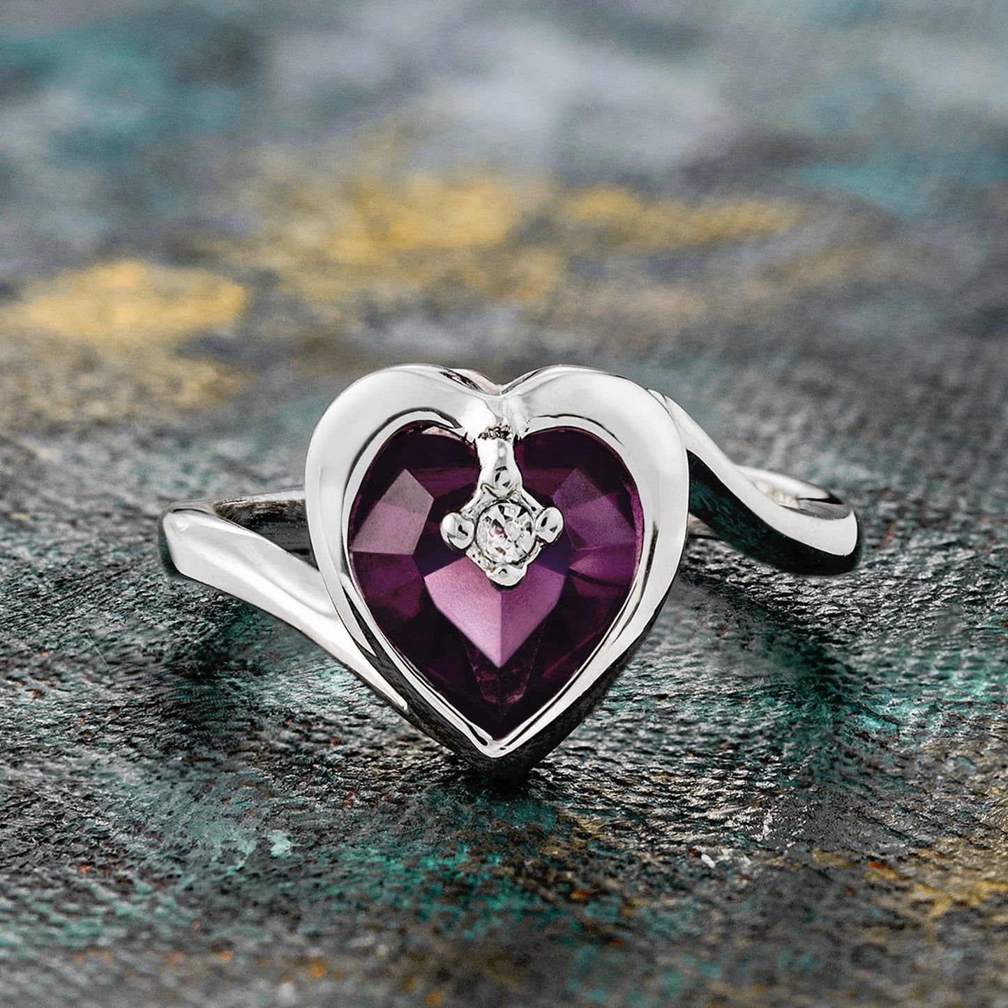 Vintage 1970s Heart Shape Amethyst Austrian Crystal Ring - 18k White Gold Electroplated - Made in USA #R1400 jewelry image 1