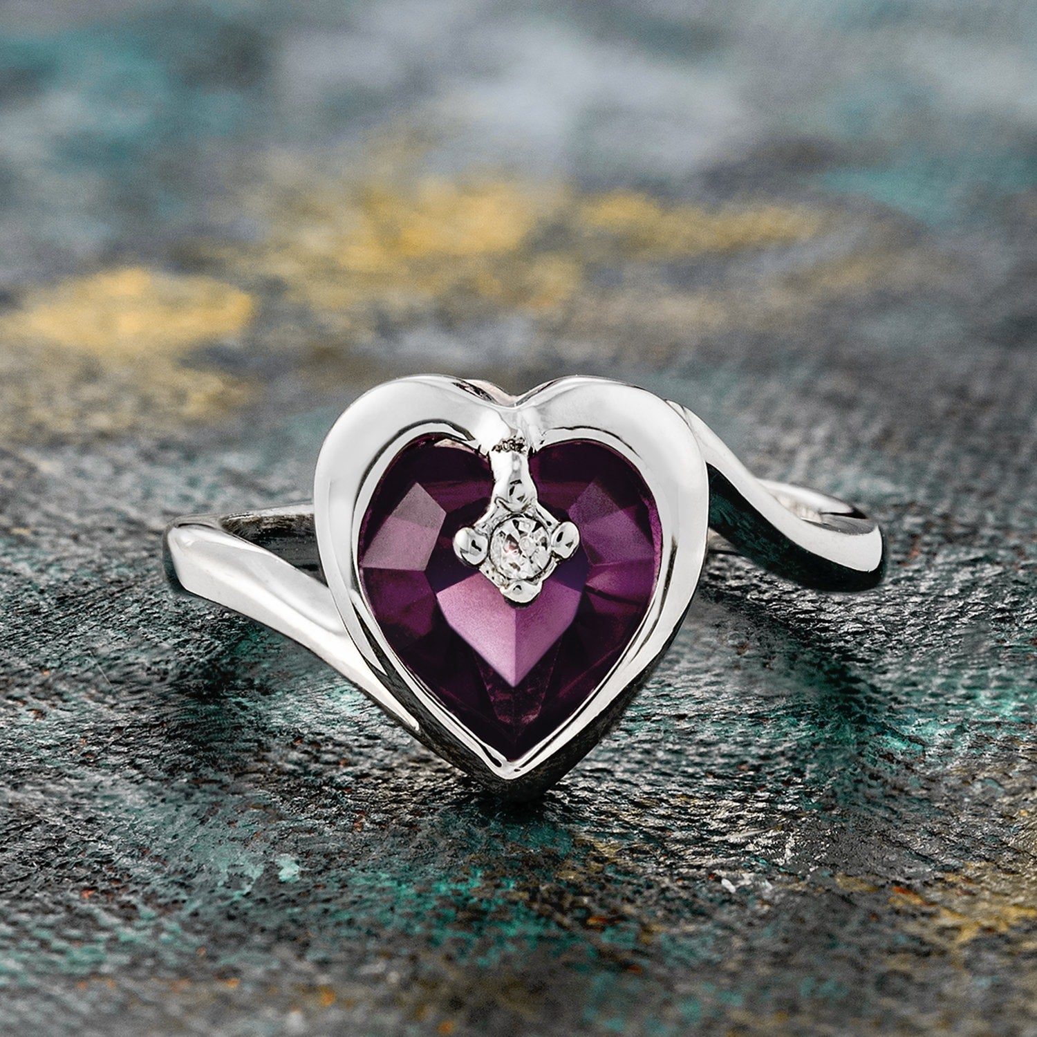 Vintage 1970s Heart Shape Amethyst Austrian Crystal Ring - 18k White Gold Electroplated - Made in USA #R1400 jewelry image 1