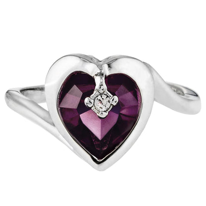 Vintage 1970s Heart Shape Amethyst Austrian Crystal Ring - 18k White Gold Electroplated - Made in USA #R1400 jewelry image 1