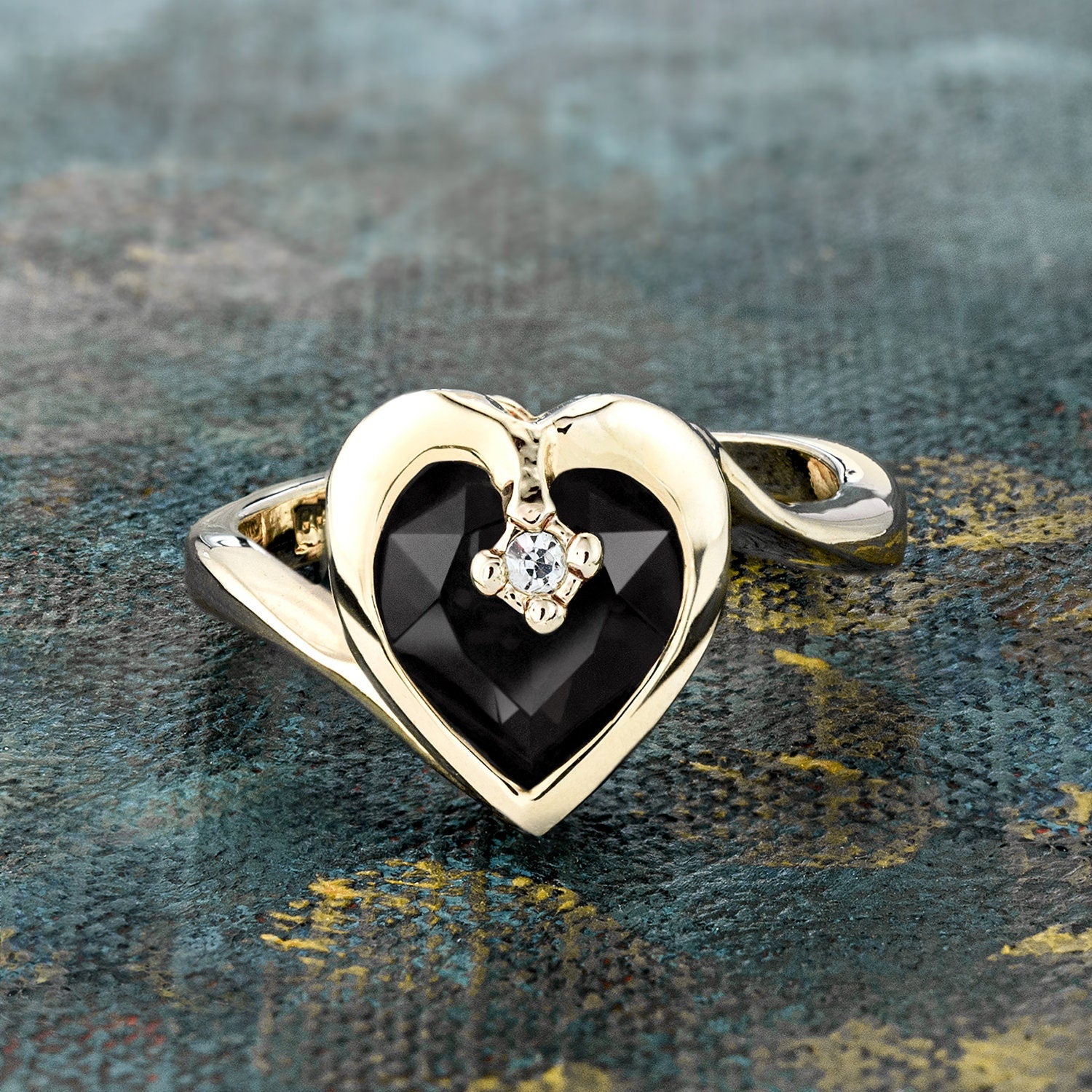 Vintage 1970s Heart Shape Ring with Jet Black Austrian Crystal 18k Gold Electroplated jewelry image 1