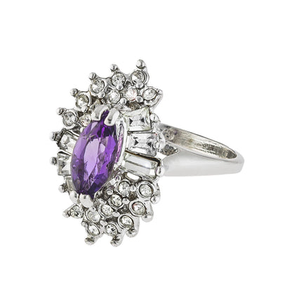 Vintage 1970s Amethyst and Clear Austrian Crystal Cocktail Ring - 18k White Gold Electroplated jewelry image 1